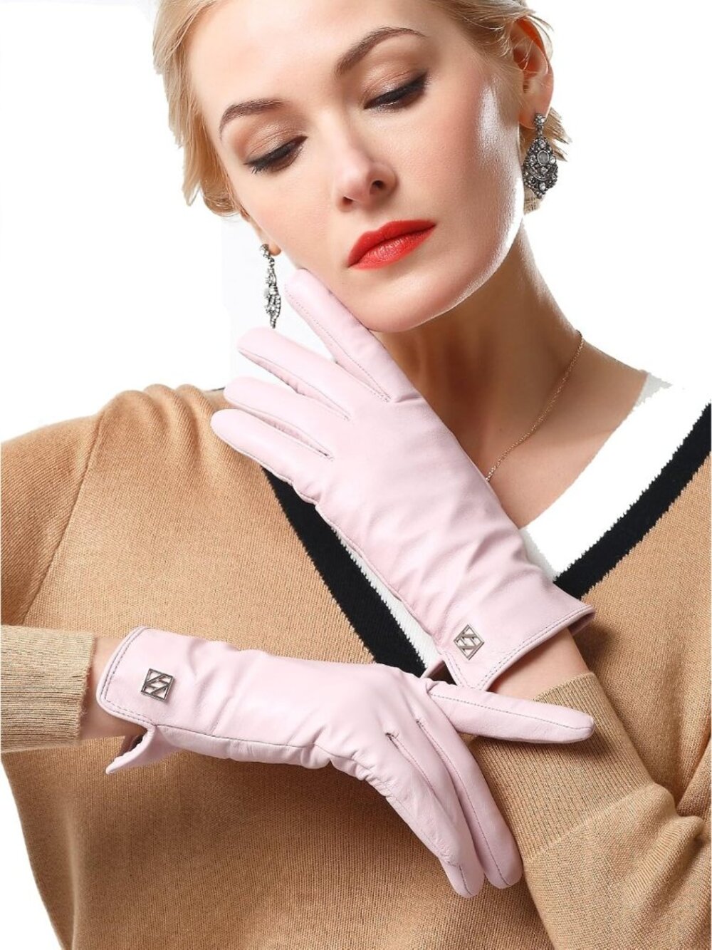 Women's Pink Lambskin Winter Comfort Touchscreen Italian Leather Gloves